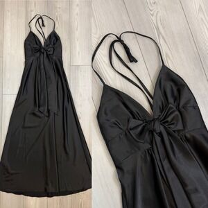 Vintage Jessica McClintock Sz 4 Shiny Black Maxi Dress Front Bow Halter Pockets